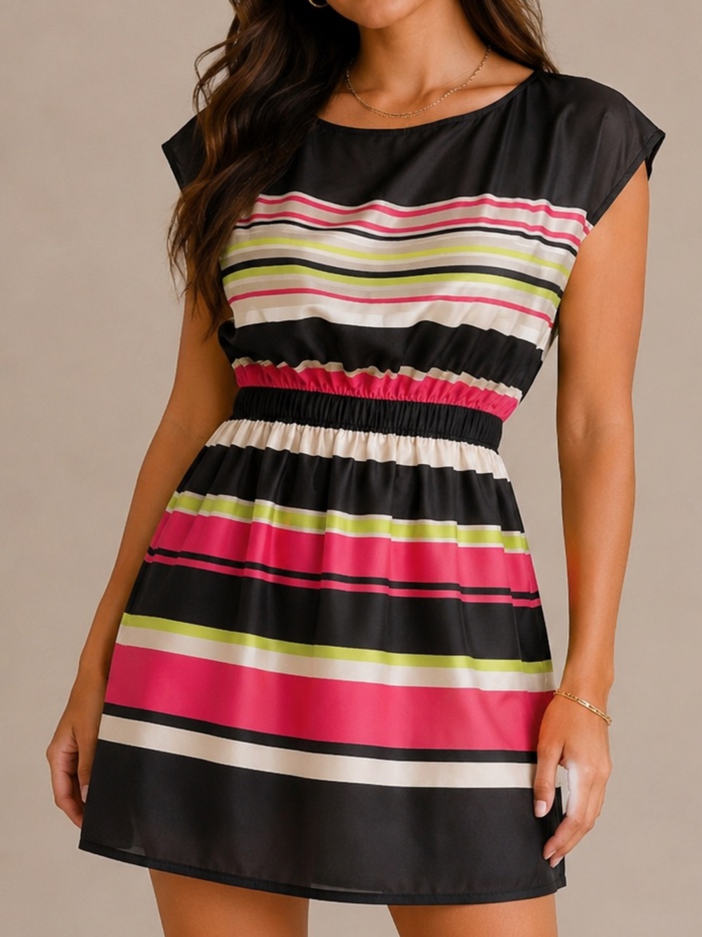 Y2K Retro Striped Mini Dress Neon Pink Cinched Waist Vintage